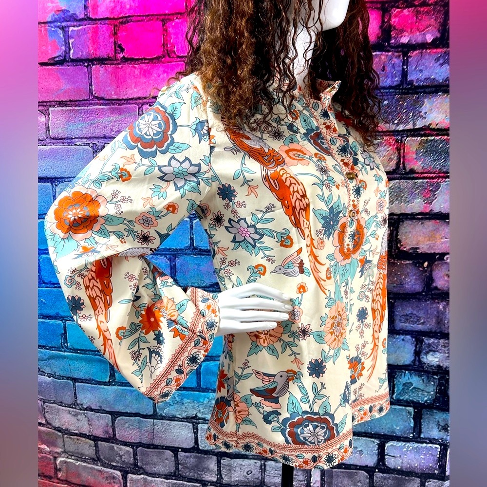 New Peacock Floral Print Long Sleeve Shirts - Picture 2 of 14